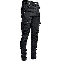 Soluo Men's Slim Fit Straight Leg Elastic Cargo Pant Fashion Casual Skinny Denim Jeans Multi Pocket Trousers