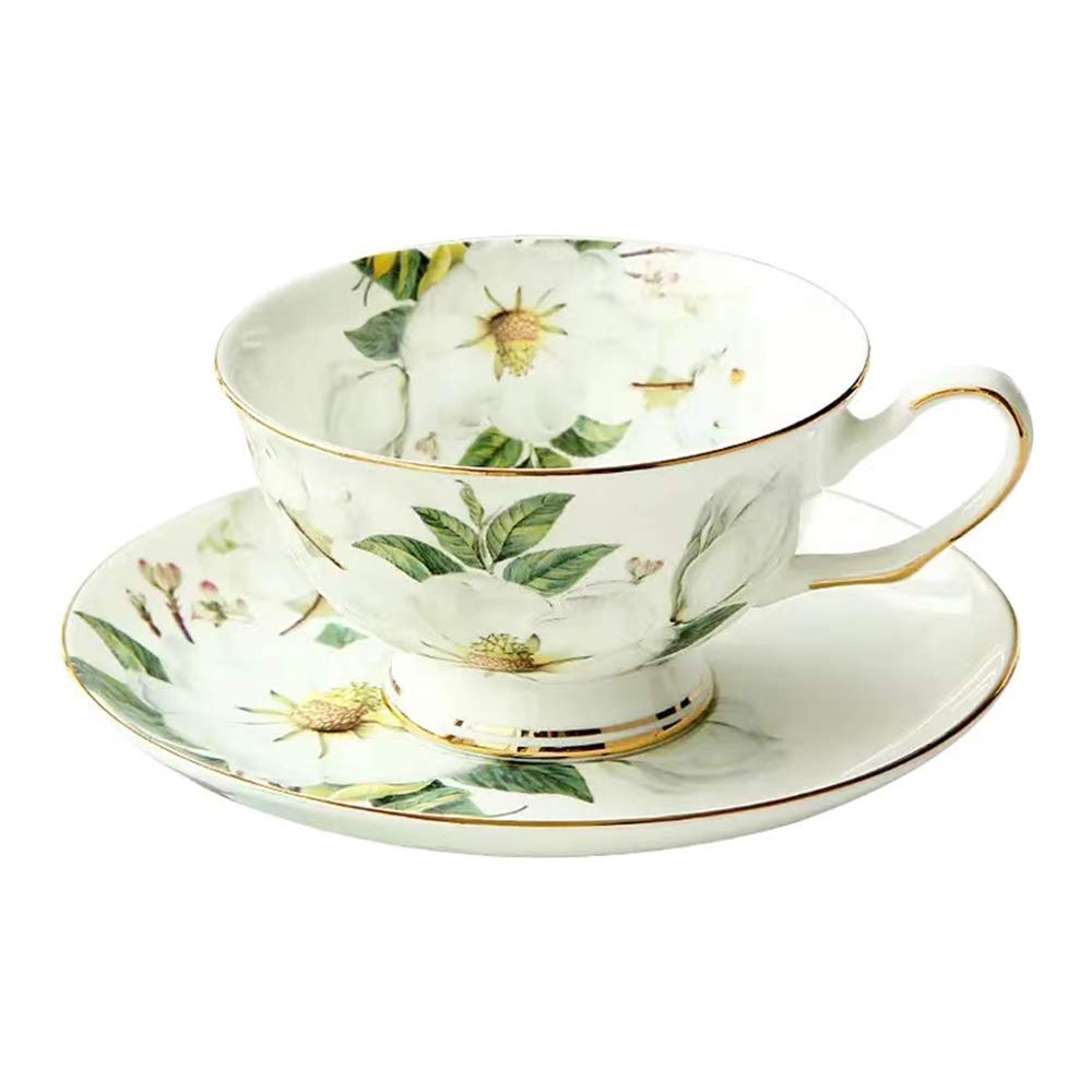 Gift Set Vintage Fine Bone China Tea Cup Spoon and Saucer Set Gold Trim Fine Dining and Table Décor (White Camellia)