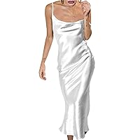 Women Silk Satin Spaghetti Strap Sleeveless Midi Dress Backless Party Mermaid Pencil Dress