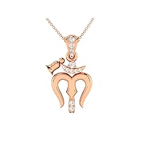 Certified 14K Gold Trishul Design Pendant in Round Natural Diamond (0.08 ct) with White/Yellow/Rose Gold Chain Religious Necklace for Women