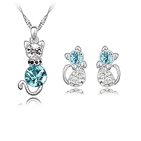 4 Pcs Fashion Zircon Crystal Cat Necklace Animal Earrings Jewelry Set, Silver Blue Useful and Practical