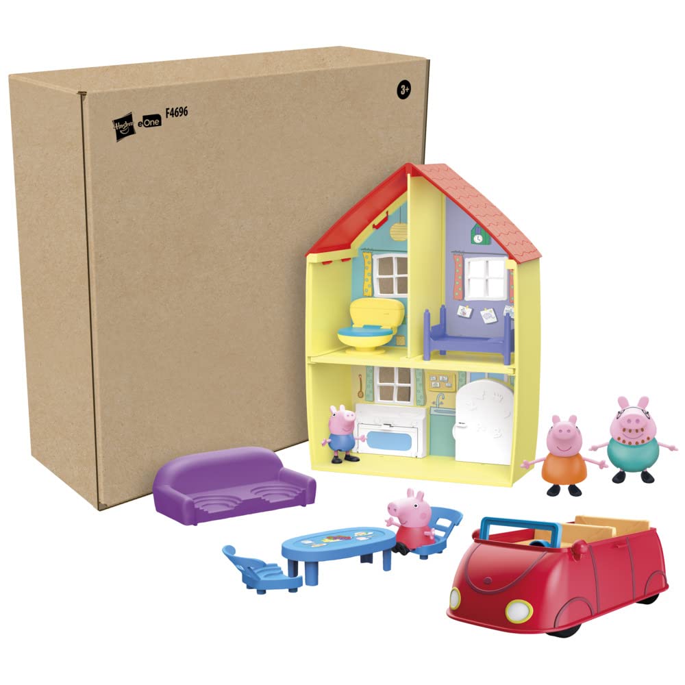 Peppa Pig Toys Peppa's Family Home Combo , Peppa Pig House Playset with 4 Figures and Car , Preschool Toys for 3 Year Old Girls and Boys and Up