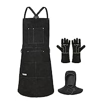 Leather Welding Apron + Welding Gloves + Welding Hood, Ideal for Woodworking, Blacksmithing, Gardeners, Mechanics, BBQ - Adjustable M to XXXL