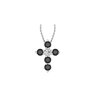 14k White Gold timeless cross pendant set with 5 charismatic black diamonds (.47ct, I1 Clarity) encompassing 1 round white diamond, (.1ct, H-I Color, I1 Clarity), hanging on a 18