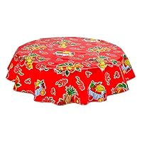 Round Freckled Sage Oilcloth Tablecloth in Fruit Basket Red (60