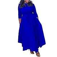 Casual Floral Print Plus Size Maxi Dress for Women 3/4 Sleeve High Waist Flowy Ruffle Fall Dresses with Belt