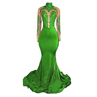 Long Sleeves Mermaid Backless Prom Dresses Girls Gold Lace See Through High Neck Party Gowns