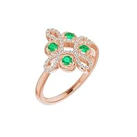 Solid 14k Rose Gold Created Emerald and 1/6 Cttw Diamond Clover Ring Band (.16 Cttw) (Width = 14.5mm) - Size 7