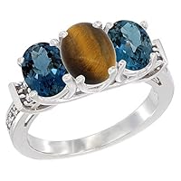 14K White Gold Natural Tiger Eye & London Blue Topaz Sides Ring 3-Stone Oval Diamond Accent, sizes 5 - 10