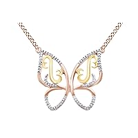 Round Natural Diamond Accent Two Tone Open Heart Butterfly Pendant Necklace in 14K Gold Over Sterling Silver