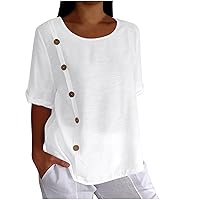 Summer Tops for Women Side Button Blouse Half Sleeve Round Neck Cotton Linen Tunics Comfy Dressy Casual Shirts