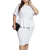Hanna Nikole Women Plus Size Peplum Dress Church Wear to Work Bodycon Short Sleeve Midi Dresses