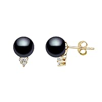 14k Yellow Gold AAAA Quality Japanese Black Akoya Cultured Pearl Diamond Stud Earrings for Women - PremiumPearl
