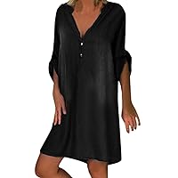 Thin Denim Stand Collar Half Sleeve High-Low Dress for Women Summer Casual Baggy Fashion Jean Knee T-Shirt Dresses