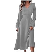 Formal Long Sleeve Midi Dress Trendy Sexy V Neck Ruched Flowy Party Dress Casual Elegant Floral Smocked Swing Dress