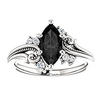 Vintage Floral Black 1 CT Marquise Engagement Ring, Filigree Black Onyx Ring, Twig Leaf Marquise Black Diamond Ring, Woodland Ring, 10K White Gold Ring, Perfact for Gifts or As You Want