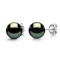 Real 14K White Gold 9-10mm Tahitian Cultured Black Pearl Stud Earrings Round - Birthday Anniversary Jewelry Gift for Women
