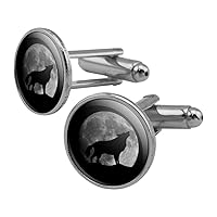 Wolf Howling Moon Silhouette Round Cufflink Set Silver Color