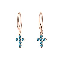 New Simple 14k Gold Over .925 Sterling Silver Cross Charm Swiss Blue Topaz Hook Dangle Drop Earrings For Women Lady