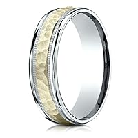 14 kt Two Tone Goldd 6mm Comfort-fit Hammered-finished with Milgrain Carved Design Wedding Band Ring
