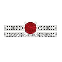 Clara Pucci 1.14 carat Round Cut Solitaire with Accent Simulated Red Ruby Wedding Anniversary Bridal ring band set 14k White Gold