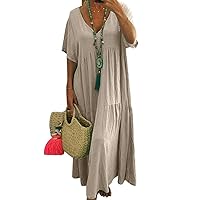 Womens Oversized Baggy Flowy Cotton Linen Maxi Dresses Summer Beach V Neck Casual Loose Floor Length Long Dress Khaki 4XL