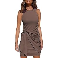 Sundresses for Women 2024 Fashion Solid Colour Sleeveless Round Neck Dress Bow Irregular Belt Hip Wrap Dresses