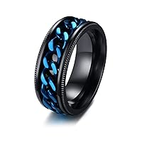 Men's Anxiety Spinner Ring Black Stainless Steel Blue Curb Chain Engagement Wedding Band Comfort Fit 8mm