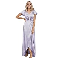 Basgute Satin Short Sleeve Bridesmaid Dresses for Wedding Wrap Slit Long A Line Maxi Formal Evening Party Gown for Women