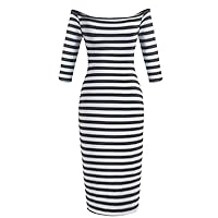 Women Summer Holiday 3/4 Sleeve Slash Neck Striped Fitted Knee Length Dress