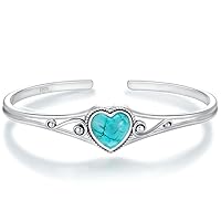 Genuine Turquoise Bracelet, Sterling Silver Native American Boho Adjustable Heart Bangle Cuff Jewelry for Women, Fit for 6.5 7 7.5 Inches