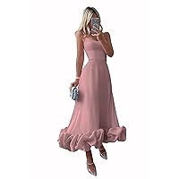 Women Elegant 3D Flounce Ruffles Hem Prom Dress Spaghetti Strap Pleated Evening Party Dress Tea Length