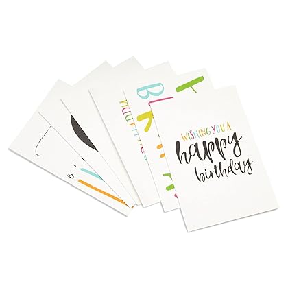 Happy Birthday Greeting Cards (48-Pack) - 6 Handwritten Modern Style, Colourful Designs - Blank on the Inside, Envelopes Included - 10 x 15 Centimetres
