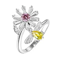 Cute Daisy Flower Bee Floral Spinner Ring CZ Anxiety Engagement Wedding Band ADHD Stress Relief Fidget Toys Adjustable