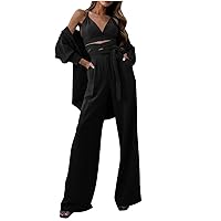 Sexy Outfit for Women Sleeveless Cami Lace Up Jumpsuit and Cardigan Set Dressy Casual Wide Leg Pants Sets Tracksuit