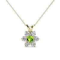 Round Peridot & Natural Diamond 7/8 ctw Women Floral Halo Pendant Necklace. Included 18 Inches Chain 14K Gold