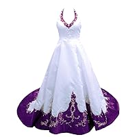 Women's Elegant A-line Embroidery Satin Halter Wedding Dress Bridal Gown