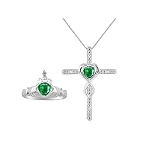 Rylos Matching Jewelry Sterling Silver Claddagh Ring & Cross Necklace. Heart Gemstone & Diamonds, 6MM Birthstone; Sizes 5-10.