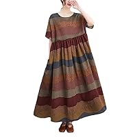 Summer Cotton Linen Short Sleeve Vintage Striped Print Dresses for Women Long Dress Vestidos Robe Femme