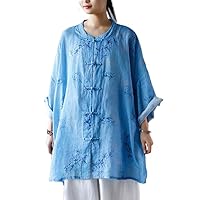Women's Linen Bat Sleeve Chinese Shirt Round Neck Chinese Button Blouse Chinese Style Tops