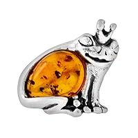 Sterling Silver Baltic Amber Frog Prince Brooch Pin for Women Antiqued Finish Approx. 11/16 inch Wide