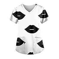 Women's Plus Size Scrub Tops Cartoon Pattern Turtleneck Short Sleeve T Shirt Fashion Flannel Shirts for Women