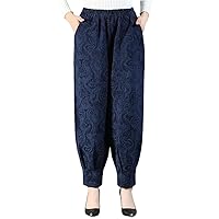 Ethnic Cotton Harem Pants for Women Solid Color Embroidered High Waist Casual Loose Straight Trousers