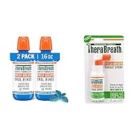 TheraBreath Mouthwash & Throat Spray Bundle - ICY Mint Alcohol-Free Oral Rinse, 16 Fl Oz (2 Pack) + Green Tea Breath Spray, 1 Ounce