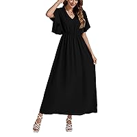 LYANER Women's Elegant V Neck Ruffle Short Sleeve High Waist Flowy Hem Maxi Long Dress