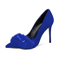 FSJ Women Chic Pointed Toe Stiletto High Heel Pumps Fluffy Fur Bow Slip On Elegant Custom Handmade Faux Suede Dress Party Shoes Size 4-15 US