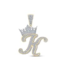 10K Two-tone Gold Mens Diamond Crown K Letter Necklace Pendant 1-7/8 Ctw.