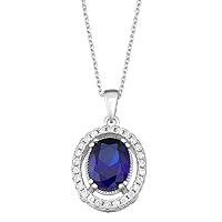1.10 CT Oval Cut Created Blue Sapphire Halo Classic Pendant Necklace 14K White Gold Finish