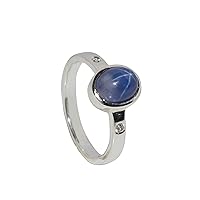 GEMHUB Oval Shape 3.2 Ct Triology Style Bezel Setting Natural Blue Star Sapphire 925 Silver Engagement Ring for Women