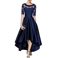 A-Line Elegant Mother of The Bride Dress Scoop Neck Asymmetrical Half Sleeve Satin Lace Wedding Guest Dress 2024
